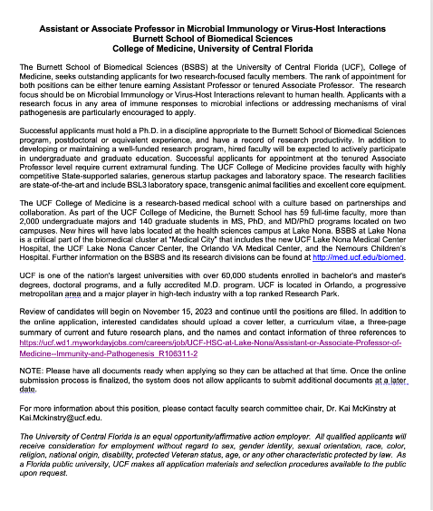 Please share!!

UCF Burnett School of Biomedical Sciences is hiring 2 tenure track research focused professors! Come be part of a growing "Medical City" in beautiful Lake Nona Orlando!!

ucf.wd1.myworkdayjobs.com/careers/job/UC…