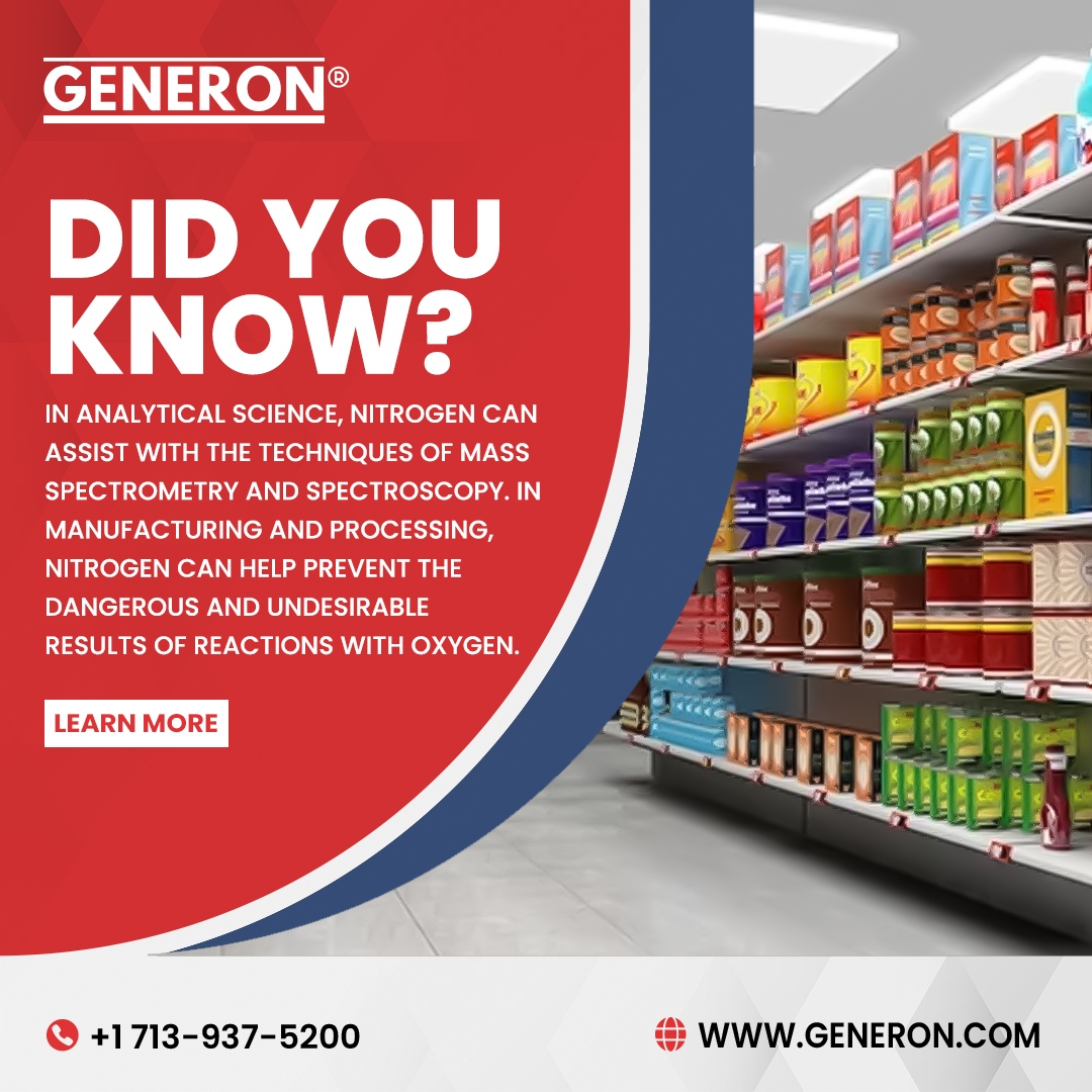Nitrogen gas helps increase shelf life of perishable foods & prevents metal oxidation during cutting. It's also used to harden materials like plastics & rubber. #GENERONInnovators #BehindTheTech #SustainabilityChampions Visit Now: generon.com/blog/