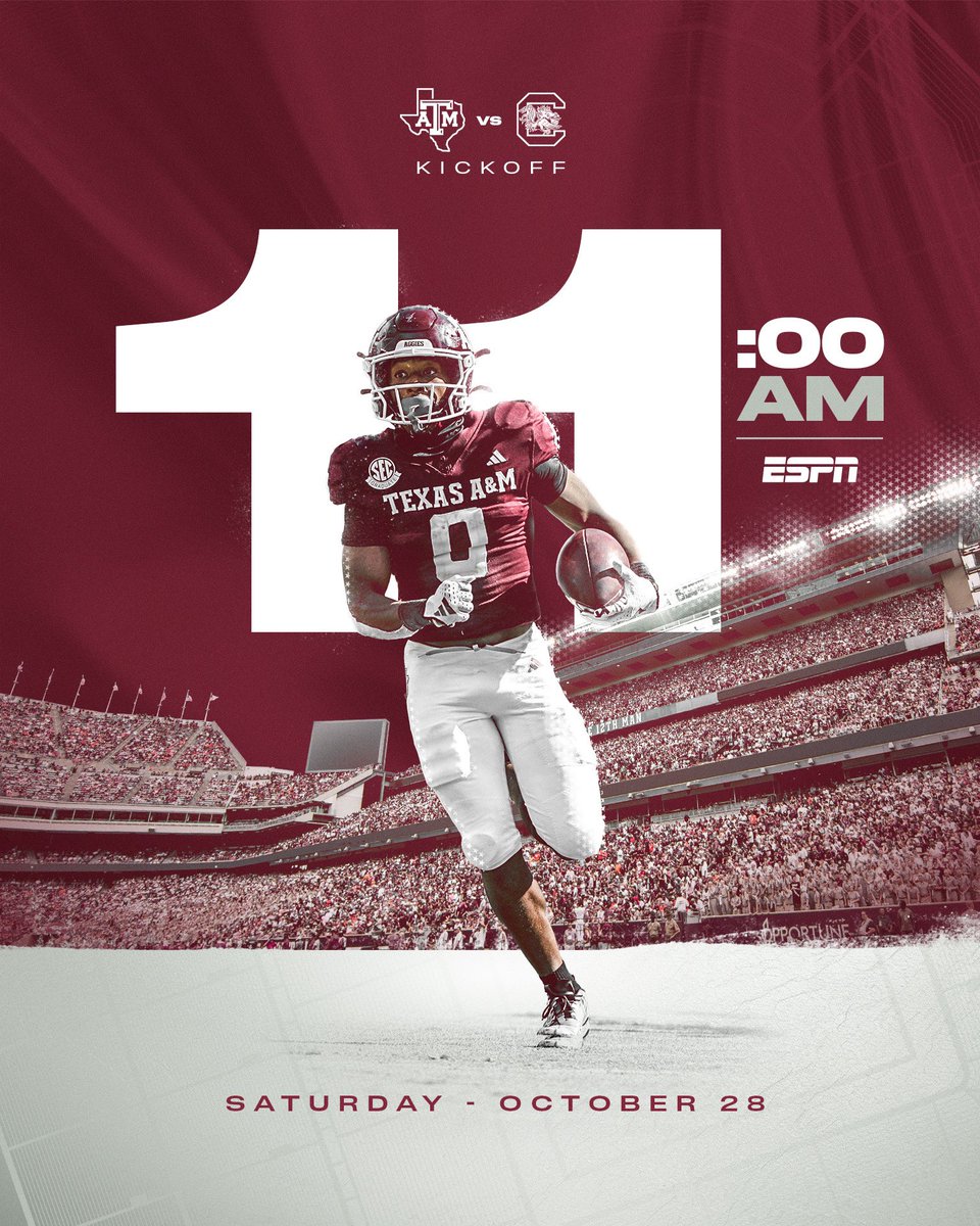 Texas A&M Football (@aggiefootball) on Twitter photo Back home next Saturday. 
🏟️ Kyle Field 
🕚 11 AM
📺 ESPN Back home next Saturday. 
🏟️ Kyle Field 
🕚 11 AM
📺 ESPN