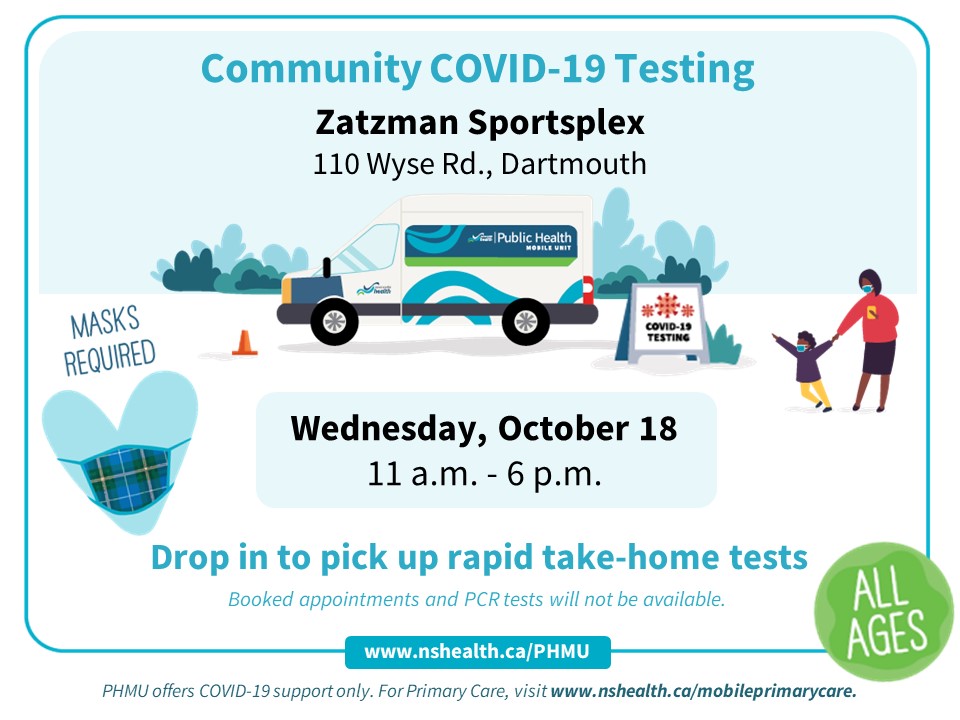 The NS Public Health Mobile Unit will be here on Wednesday to distribute some free rapid tests! Stop by the Sportsplex lobby anytime from 11 am - 6 pm to get some take-home tests.