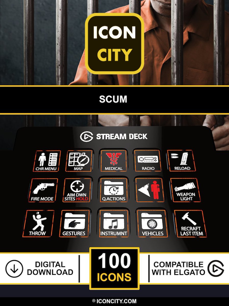 iconcitycom's tweet photo. iCon Pack 84 - SCUM - Over 100 icons with a 15 &amp; 32 key Stream Deck Profile included - SO happy to finally get this out to you as it has been requested many times! -  @everyone > https://t.co/KnAzOc7jqD < #scum #pcgame #iconcity #elgato #mmo #steam #scumgame #jail https://t.co/Cjava4VS2K