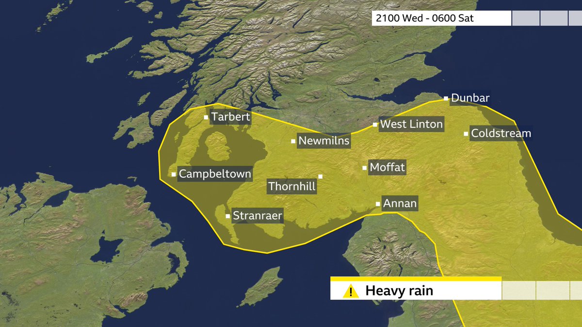 Met Office YELLOW HEAVY RAIN warning in force for Southern Scotland valid from 2100 Wednesday until 0600 Saturday. JR