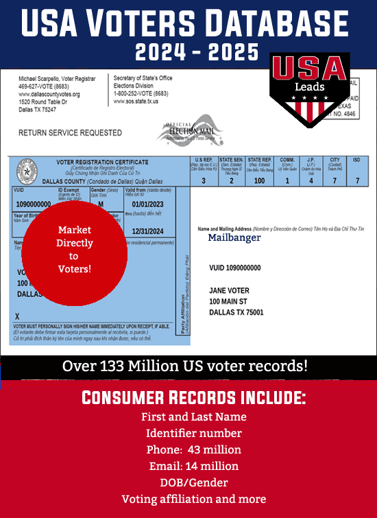 New release! USA Voter Database

Get this amazing new package with over 133 million voters optin records. Get consumer info plus their voter affiliation (Democrat, Republican, Undecided, Independent). Great marketing or research material.

mailbanger.com/2024-usa-voter…