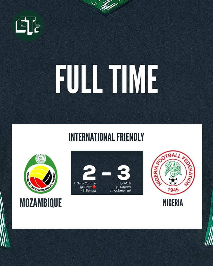 Full Time!
The Super Eagles win narrowly against 10-man Mozambique.

What did you think of the performance? 🤔 

#MOZNGA #NGAMOZ #SuperEagles #EaglesTracker 🦅🇳🇬