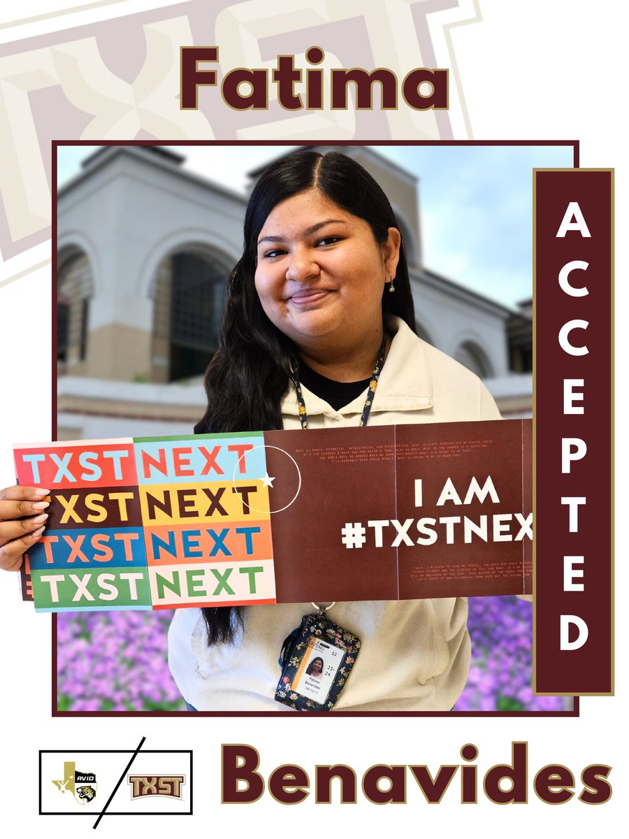Congratulations to @IrvingHigh student, Fatima, on her acceptance to @txst! We are #AVID proud of you! @IrvingISD #texastornadodesigns #txstnext #tigerpride #classof2024