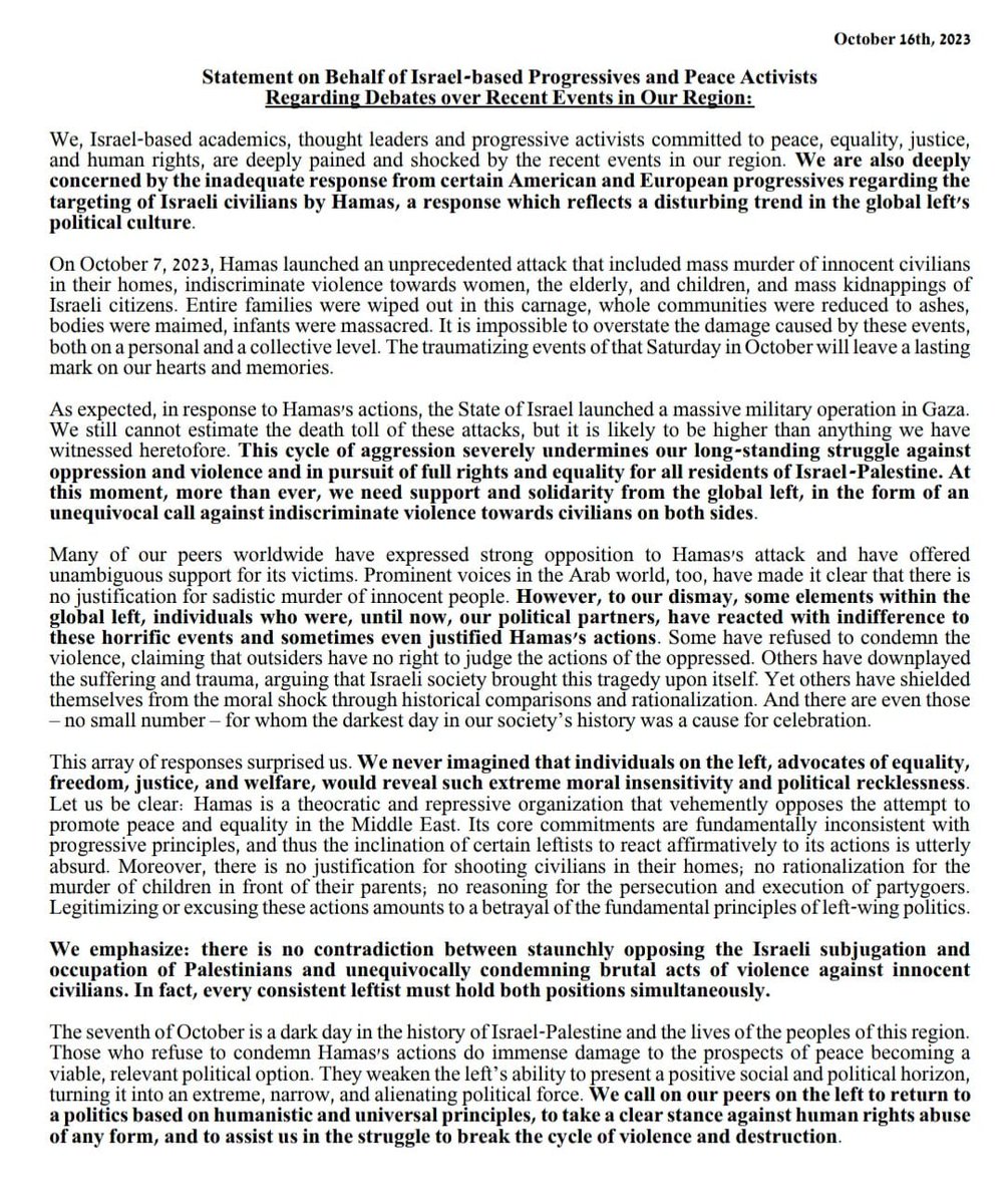 Our statement, progressives and anti occupation activist in israel:
