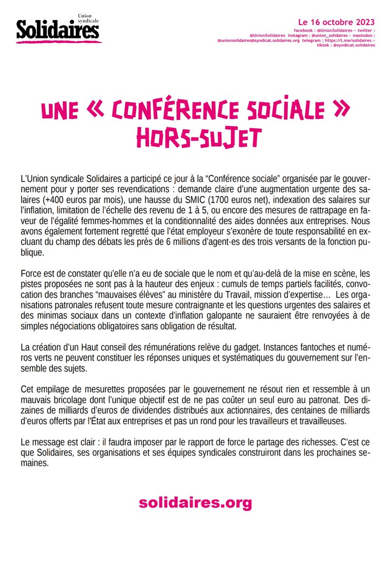 UnionSolidaires's tweet photo. Une conférence sociale hors sujet qui n'a de sociale que le nom.
Un empilage de mesurettes proposées par le gouvernement qui ne résout rien et ressemble à un mauvais bricolage dont l’unique objectif est de ne pas coûter un seul euro au patronat.
https://t.co/H42UeWP5X4 https://t.co/xMVl0qkmZt