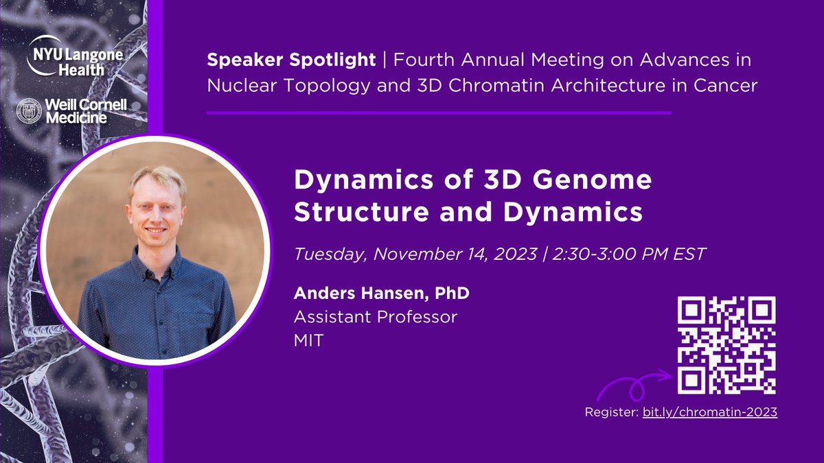 Another great speaker who will be presenting at our VIRTUAL symposium: The Fourth Annual Meeting on Advances in Nuclear Topology and 3D Chromatin Architecture in Cancer Tuesday, November 14, 2023 | 9:30 AM-4:00 PM EST . Registration is free. Register: bit.ly/chromatin-2023g