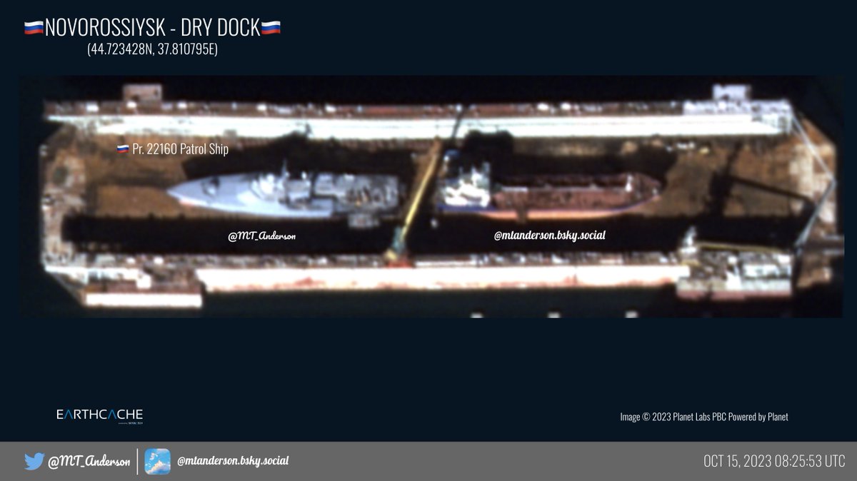 MT_Anderson's tweet photo. 🇷🇺BLSF: NOVOROSSIYSK🇷🇺
0.5M📷 from 15 Oct 2023. Both Admiral Grigorovich Class frigates are gone from Novo. However, all Pr 22160 Patrol Boats are there, meaning if one was hit, it was able to make it back to Novo. Also, all Buyan-Ms are in port as well. https://t.co/Lokej2fQ4g