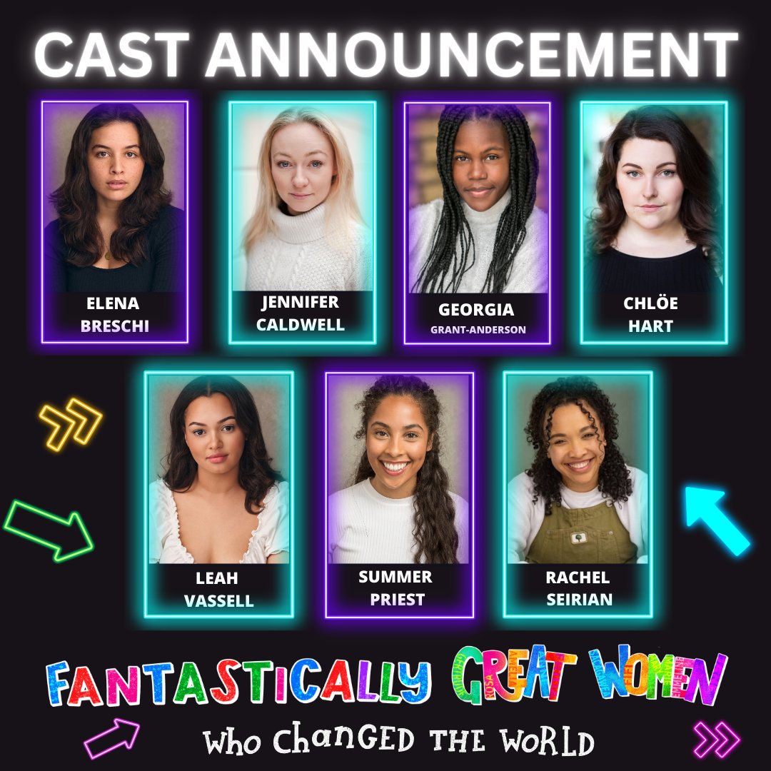 Introducing the cast of Fantastically Great Women who Changed the World 💜💚🤍

Elena Breschi, Jennifer Caldwell, Georgia Grant-Anderson, Chlöe Hart, Leah Vassell, Summer Priest, Rachel Seirian

#UKTour #castannouncement #uktheatre #fantasticallygreatwomen #musicaltheatre