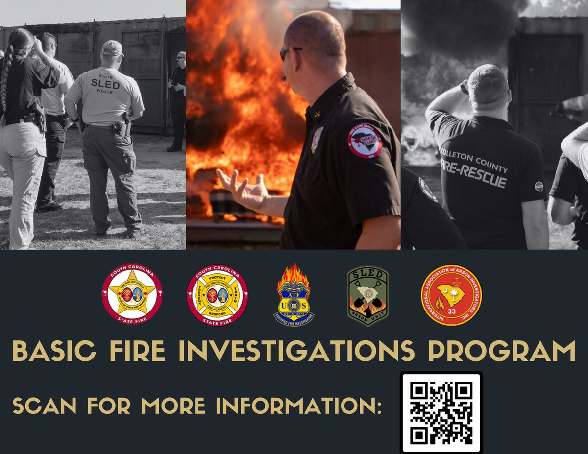 DYK:  SC has a 48-hour accredited Basic Fire Investigations program? It's through a partnership btwn the SCFA, SCFM Office, ATF, SLED, and SCIAAI. The 2024 class info has been released. Application packets are due by Jan. 1, 2024. 
More: statefire.llr.sc.gov/scfa/basic-fir…
