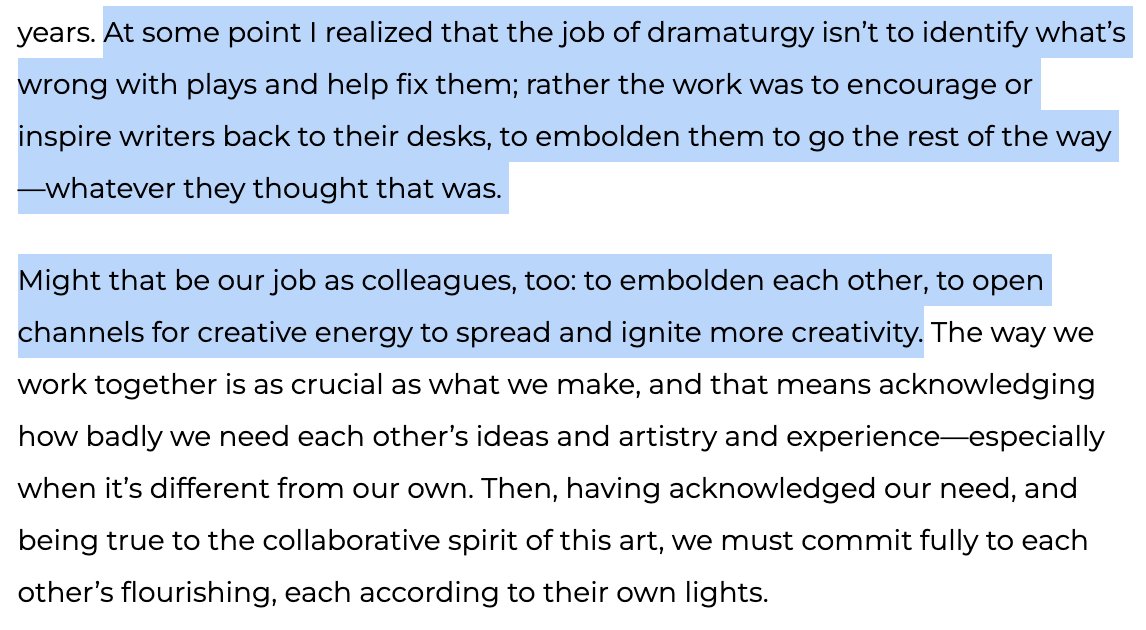 Kate Pitt (@katepitt) on Twitter photo "I realized that the job of dramaturgy isn’t to identify what’s wrong with plays & help fix them; rather the work was to encourage or inspire writers back to their desks, to embolden them to go the rest of the way..." –Todd London via <a href="/HowlRound/">HowlRound Theatre Commons</a> bit.ly/3FhtMdE "I realized that the job of dramaturgy isn’t to identify what’s wrong with plays & help fix them; rather the work was to encourage or inspire writers back to their desks, to embolden them to go the rest of the way..." –Todd London via <a href="/HowlRound/">HowlRound Theatre Commons</a> bit.ly/3FhtMdE