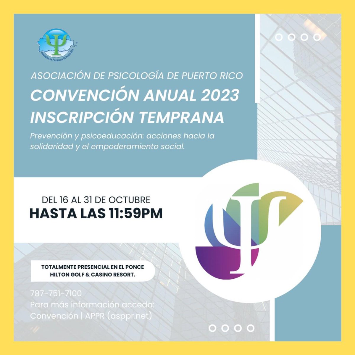 ¡Hoy comenzó la inscripción temprana de Nuestra Convención Anual #70!🎉Prevención y psicoeducación: acciones hacia la solidaridad y el empoderamiento social.

Inscripción disponible aquí: form.jotform.com/231974921557870

Para más información acceda: Convención | (asppr.net)