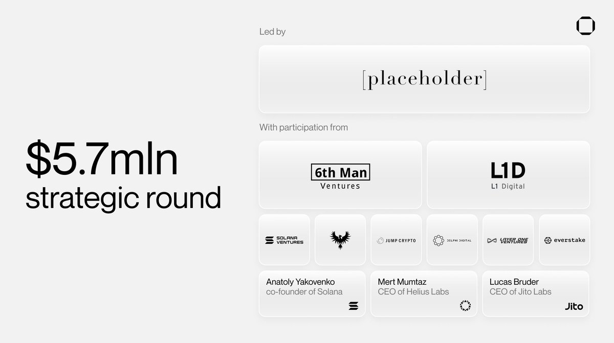 1/ We are excited to announce our latest strategic $5.7mln round led by <a href="/placeholdervc/">Placeholder</a> with participation from <a href="/6thManVentures/">6MV</a>, @L1Digital_, <a href="/SolanaVentures/">Solana Ventures</a>, @MulticoinCap, @Jump_, <a href="/Delphi_Digital/">Delphi Digital</a>, <a href="/LayerOneVC/">LayerOneVC</a> and <a href="/everstake_pool/">Everstake</a>.