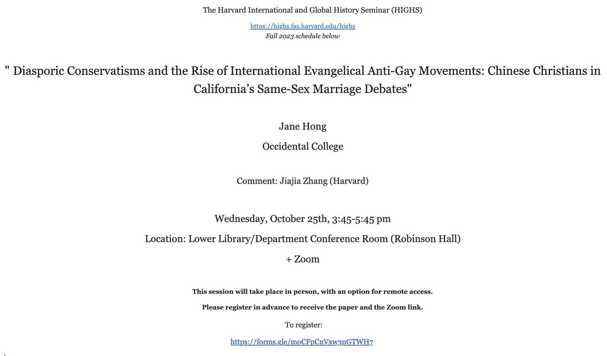 Debated whether to post on this site, but here goes-next Wed 10/25, I'll share a paper @Harvard's Intern & Global History Seminar about Chinese Amer evangelicals' entry into international antigay movements circa 2000s. Come through: Zoom & in person. RSVP: tinyurl.com/2eapun2h