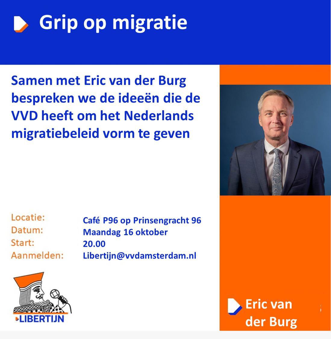 Vanavond spreken we in aanloop naar #TK2023 met de Amsterdamse <a href="/ericvanderburg/">Eric van der Burg</a> als demissionair staatssecretaris J&amp;V over onder meer asielopvang en migratiebeleid #grip #migratie <a href="/VVDAmsterdam/">Amsterdamse VVD</a> <a href="/VVD/">VVD</a>