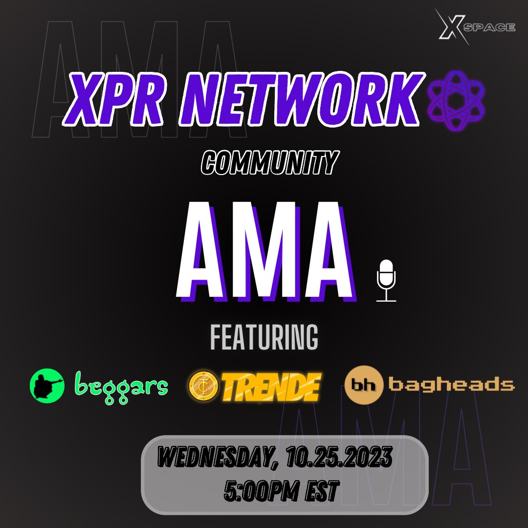 wearetrende's tweet photo. We invite you to join our first @xprnetwork Community #AMA 🎙️💜

Wednesday, 10.25.2023, 5 PM EST

Featuring ➥ @beggarsXPR @bagheadsnft @wearetrende

Space ➥ https://t.co/fAM9L6gEiG

Save the date and stay tuned for an enlightening discussion about our vision and values firsthand! 🚀

 🚨 Giveaway 🚨

We are giving away 100M $Beggars, 1M $TCX, and 3 Custom Baghead NFTs! Here’s how to enter:

1.🔁 Retweet this post 
2.✅ Follow @beggarsXPR @bagheadsnft @wearetrende 
3.🗳️ Stay Tuned for the winners announcement