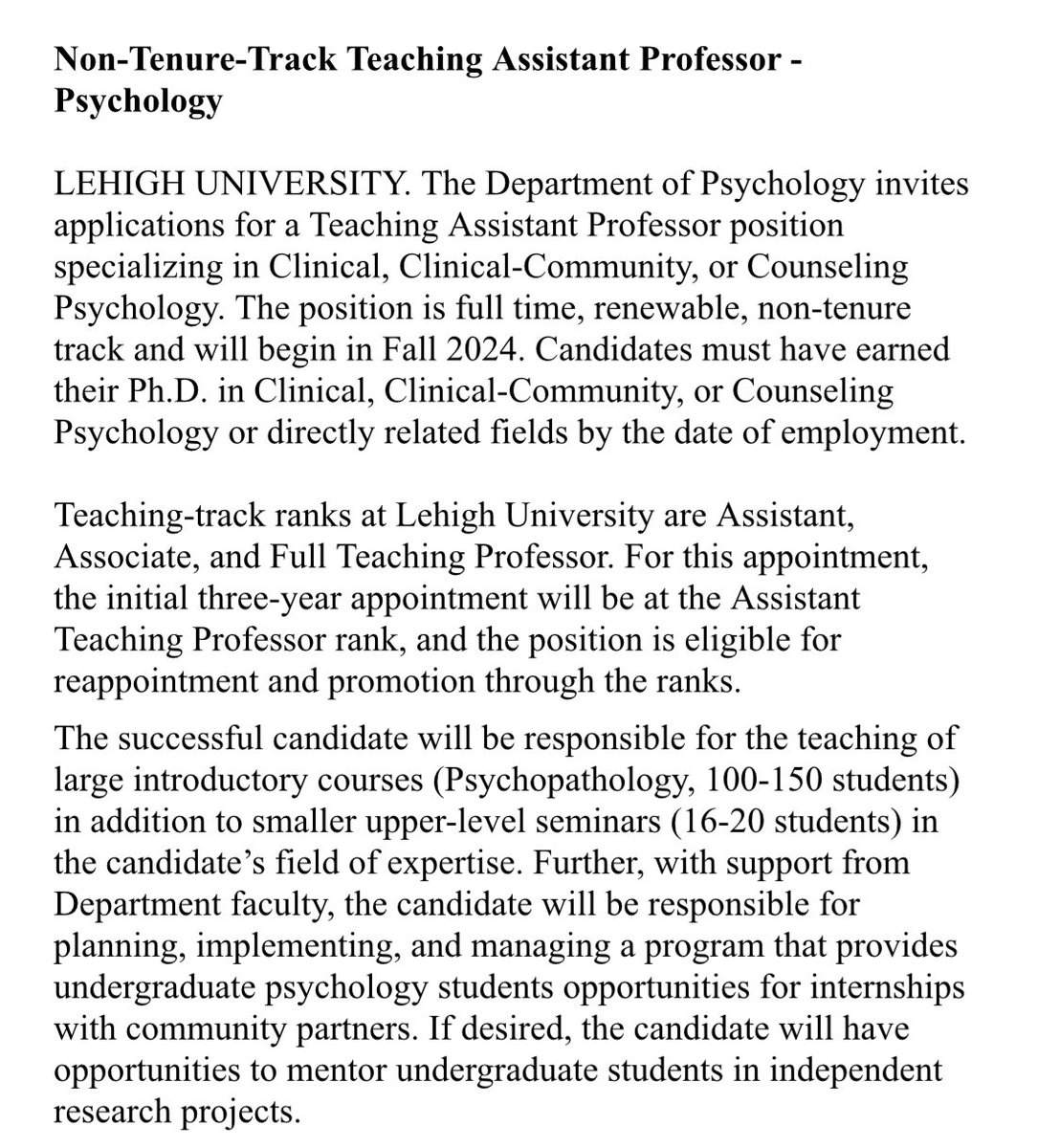 📰 The Psychology Dept @LehighU is searching for a Teaching Assistant Professor specializing in clinical, clinical-community, or counseling psychology. Though it is not tenure-track, the position is full time and eligible for reappointment and promotion. academicjobsonline.org/ajo/jobs/26213