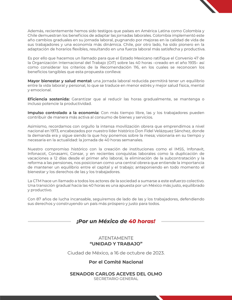 CTM_MX's tweet photo. Respecto a la propuesta de reforma para la reducción de la jornada laboral y el inicio del Parlamento Abierto en la @Mx_Diputados para su análisis, la @CTM_MX comunica:

#PorUnMéxicoDe40Horas🇲🇽 https://t.co/seeSP5PqDS