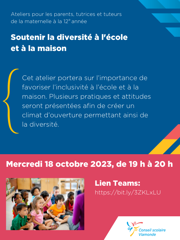 Nous aimerions vous annoncer un atelier qui vous sera offert par les services des écoles sécuritaires et bienveillantes du Conseil ce mercredi 18 octobre 2023 à 19hl bit.ly/3ZKLxLU
Au plaisir de vous voir en grand nombre et j’en sûr que ce thème vous sera pertinent.