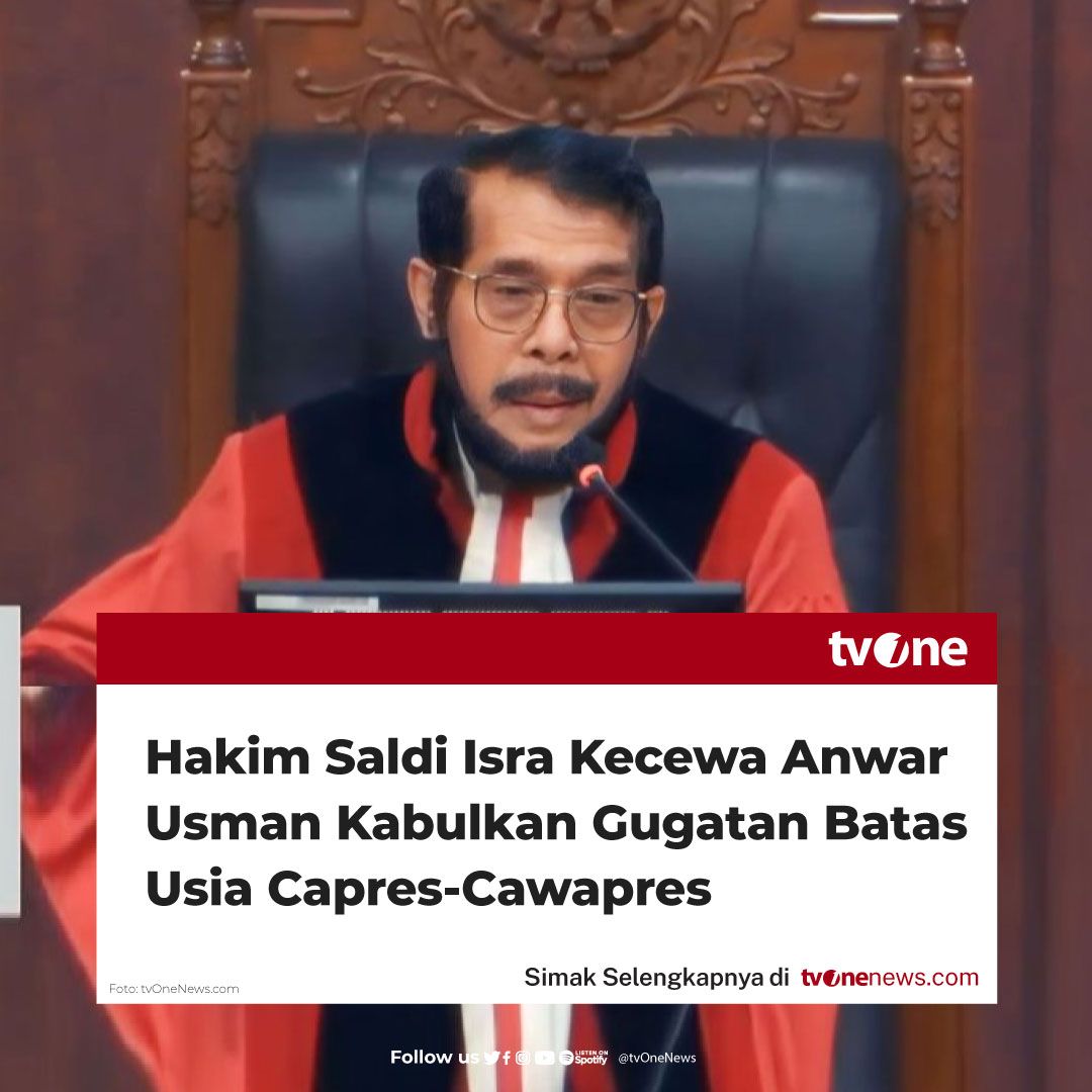 tvOneNews's tweet photo. Hakim Konstitusi Saldi Isra mengaku heran mengapa Ketua Mahkamah Konstitusi Anwar Usman mengabulkan sebagian perkara 90/PUU-XXI/2023. 

Di mana, seseorang yang belum berusia 40 tahun mencalonkan diri sebagai presiden atau wakil presiden selama memiliki pengalaman sebagai kepala daerah. 

“Baru kali ini saya mengalami peristiwa ‘aneh’ yang ‘luar biasa’ dan dapat dikatakan jauh dari batas penalaran yang wajar,” kata dia, saat menyampaikan pendapat berbeda atau dissenting opinion, di Gedung MK, Jakarta Pusat, Senin (16/10/2023). 

Simak berita selengkapnya di https://t.co/mxfL7QhpGa
#HardNews_BreakingNews #NewsOne #CariBeritaditvOne #PutusanMK #BatasUsiaCapresCawapres #BatasUsiaCapres #BatasUsiaCawapres #SaldiIsra