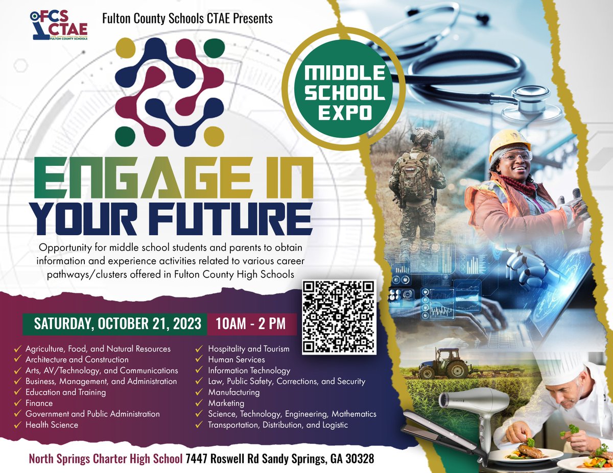 FCSCTAE's tweet photo. Attention Middle School Students &amp; Parents!  Join @FCSCTAE THIS Saturday, 10/21 from 10am to 2pm at @NorthSpringsHS at the Middle School Career Expo. Free to all FCS 6th-8th grade students (students must be accompanied by a parent/guardian). Register at https://t.co/8u1m1ozEgb https://t.co/SGJn3tVZUy
