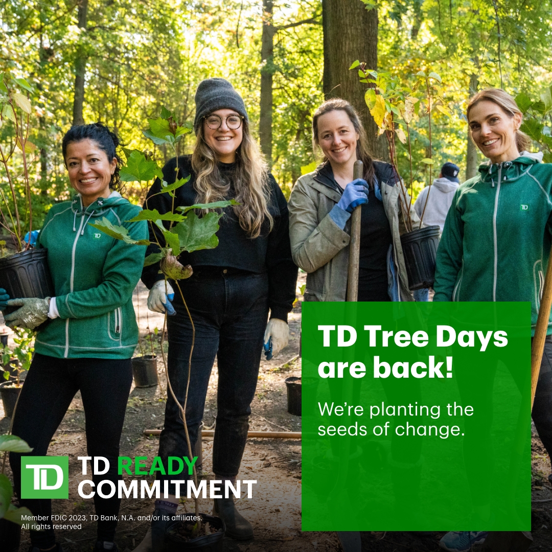 TDBank_US's tweet photo. We’re always looking for ways to make the world a bit more vibrant. That’s why we’re working with local organizations and volunteers through #TDTreeDays to reach our goal of planting 1 million trees and shrubs by 2030. Learn more: https://t.co/2BLmyxOuga https://t.co/WQKUY7LJos