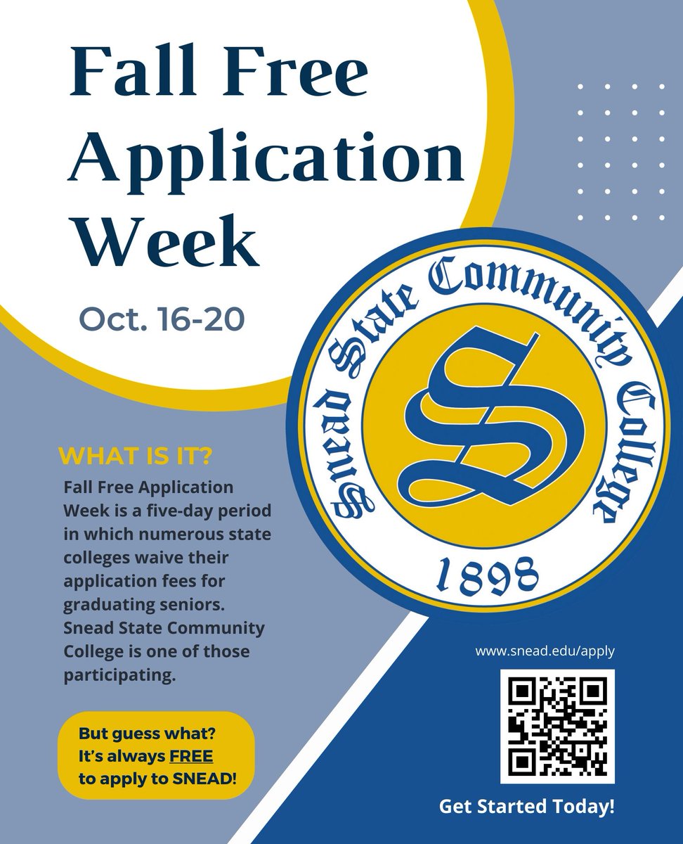 sneadstatecc's tweet photo. As state colleges waive their application fees for high school students, don't forget it's always free to apply to Snead State! Interested in becoming a Parson? Scan the QR Code or visit https://t.co/gh7Xsdvadr to get started today! #SneadState #CommCollege #FreeApplicationWeek https://t.co/ZZ9NCkwDms