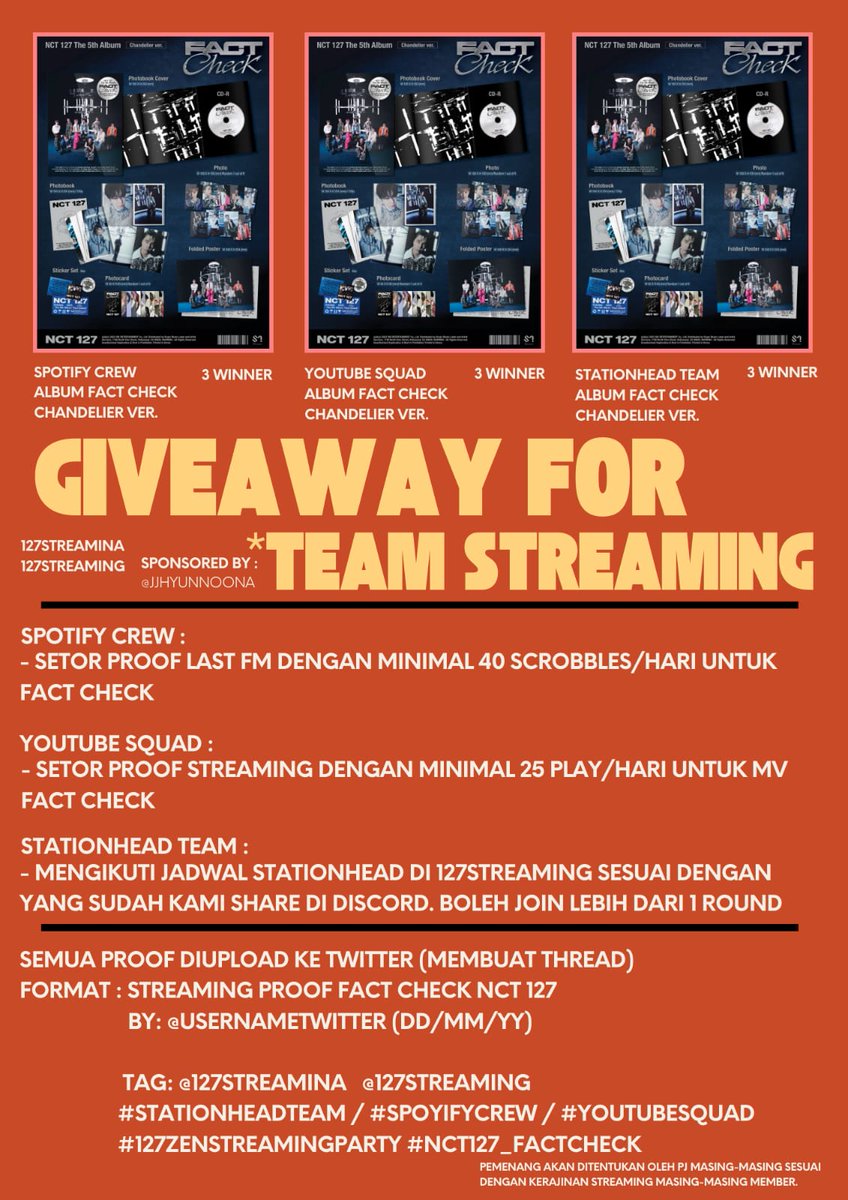 127streamINA's tweet photo. 🎉 NCT 127 FACT CHECK GIVEAWAY 🎉

Follow @127streamINA & @127streaming

🗓 Start: 16 Oktober 2023
🏆 End: 6 November 2023

Untuk info lebih lanjut, baca poster dibawah ini ⬇️

Sponsored by @JJHyunNoona & @raarareena

*jika ada pertanyaan terkait giveaway kami, silahkan DM atau reply tweet ini

#NCT127_FactCheck
@NCTsmtown_127