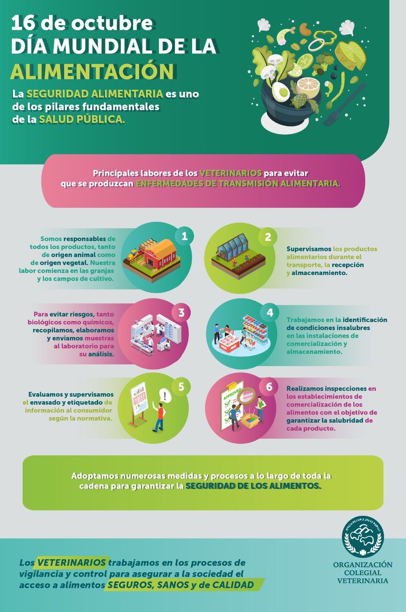 En el Día Mundial de la Alimentación, los veterinarios resaltan sus funciones en la prevención de enfermedades alimentarias. 
Supervisamos los productos en la recepción y almacenamiento, evaluamos los envasados y etiquetados, recopilamos muestras para su análisis en laboratorios.