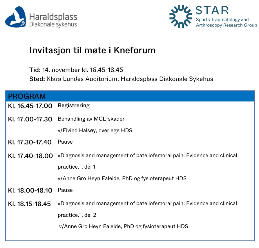 STAR (@star_bergen) on Twitter photo I 2023 ble Kneforum etablert på <a href="/Haraldsplass/">Haraldsplass Sykehus</a>
🔎Denne høsten arrangerer vi nytt møte, hvor MCL-skader og patellofemorale smerter er på programmet.
🏃♂️Har du lyst til å delta? Send oss en mail på kne@haraldsplass.no
👀Psst...Du kan også følge møtet digitalt! I 2023 ble Kneforum etablert på <a href="/Haraldsplass/">Haraldsplass Sykehus</a>
🔎Denne høsten arrangerer vi nytt møte, hvor MCL-skader og patellofemorale smerter er på programmet.
🏃♂️Har du lyst til å delta? Send oss en mail på kne@haraldsplass.no
👀Psst...Du kan også følge møtet digitalt!