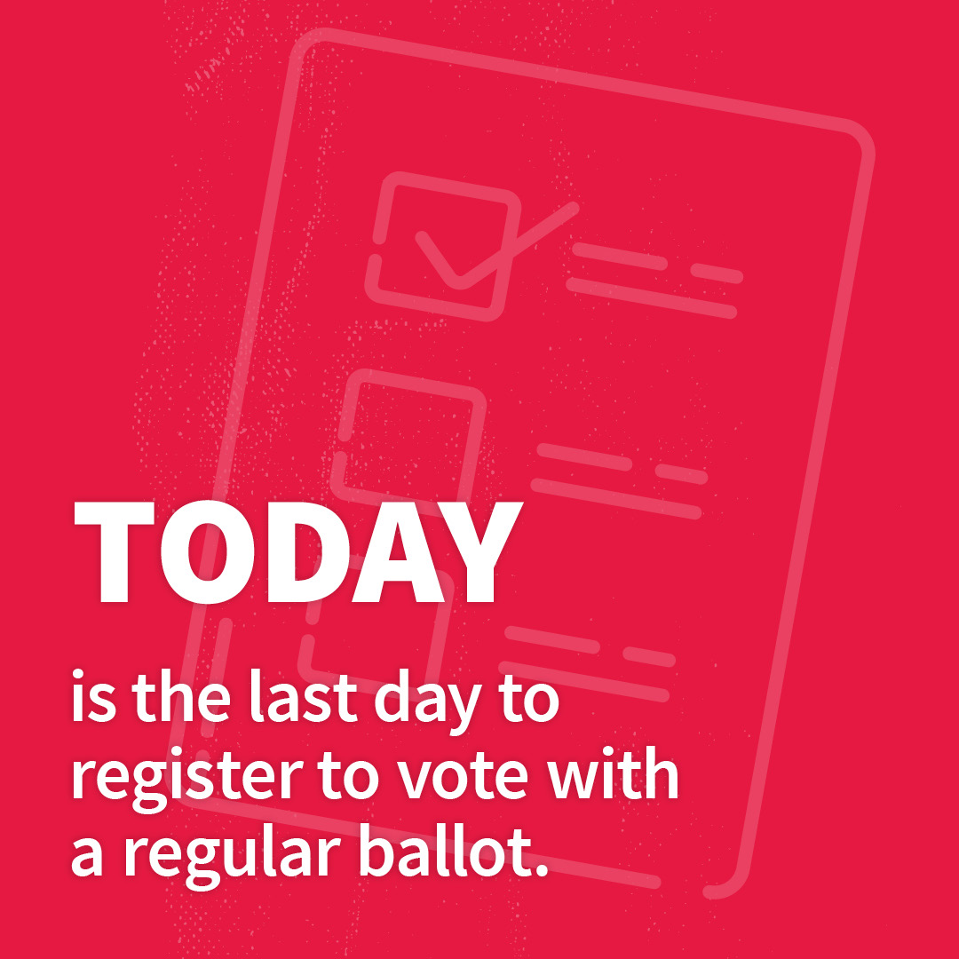 REGULAR VOTER REGISTRATION ENDS TODAY!

If you want to vote a regular ballot on November 7th, register online today at Vote.Virginia.gov.

All new registrations received after the deadline will vote a provisional ballot.

#VaElections2023 #VaisForVoters