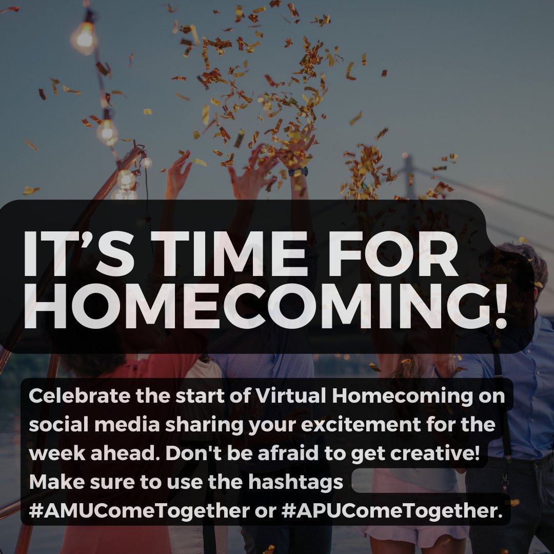 Learning at a distance doesn't mean that you shouldn't celebrate Homecoming with your school! Celebrate with us all week long, and we'll celebrate YOU and all of your hard work. You deserve it!
#AMUCometogether
#APUCometogether
@AmericanMilU @AmericanPublicU @APUSPRteam