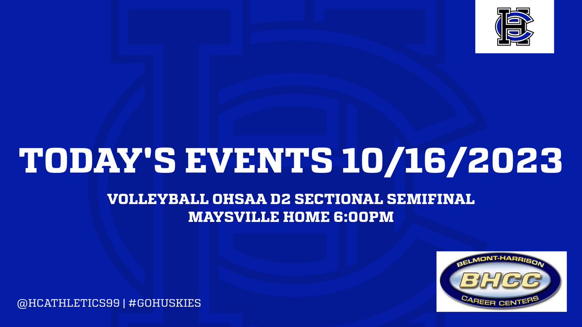 Today's Event 10/16/2023
VB OHSAA D2 Sectional Semifinal Maysville Home 6:00
Ticket Information! 
Online Tickets: ohsaa.org/tickets
Adults $8.00
Students $5.00
Cash Option: $10.00 all tickets at the gate!