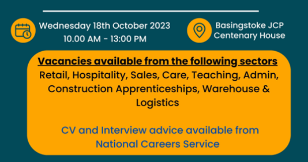 The Jobcentre, at Centenary House, #Basingstoke are hosting a Jobs Fair on Wednesday 18 October 2023 from 10 am till 1pm.  A mix of local employers with vacancies in a variety of sectors, including retail, hospitality, admin, care, warehouse, construction etc

#HampshireJobs