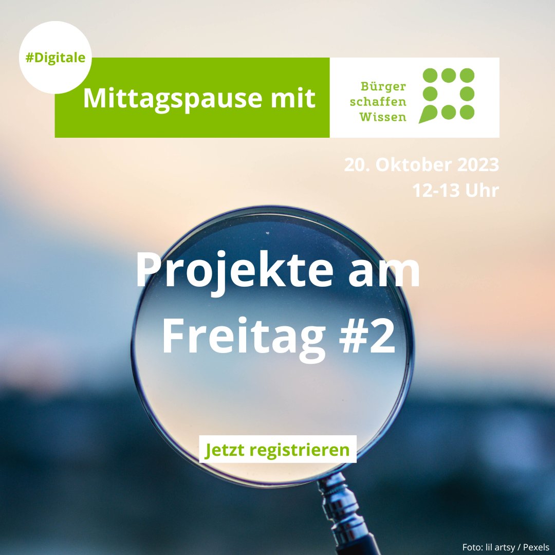 Diese Woche könnt ihr bei #ProjekteAmFreitag in unserer digitalen #CSMittagspause die #CitizenScience-Projekte CS:iDrop, <a href="/altersinno/">altersinnovationen</a> &amp; ParKli kennenlernen und ihre Koordinator*innen zu ihren Erfahrungen befragen. Jetzt anmelden und mitdiskutieren: buergerschaffenwissen.de/citizen-scienc…