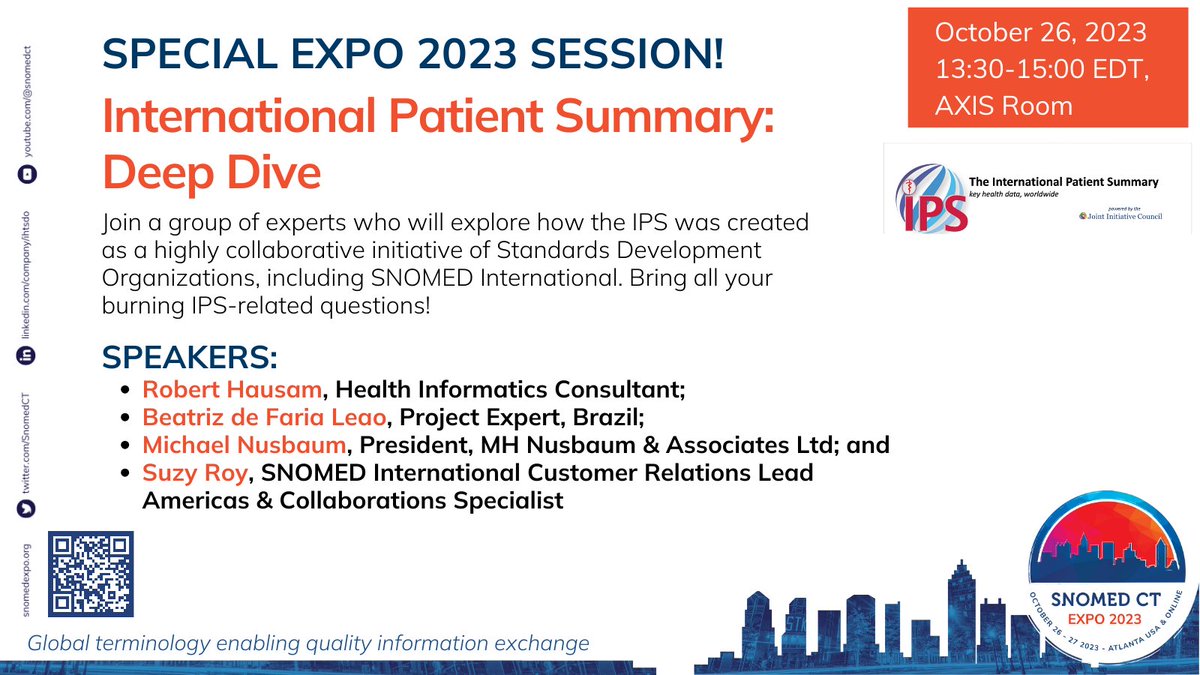 SnomedCT's tweet image. Interested in learning more about the International Patient Summary (IPS)? Join our special (onsite only) #SCTExpo23 session focused on how the IPS was created, how it has progressed and where it is headed. Ask all your IPS questions! snomed.org/snomedct-expo