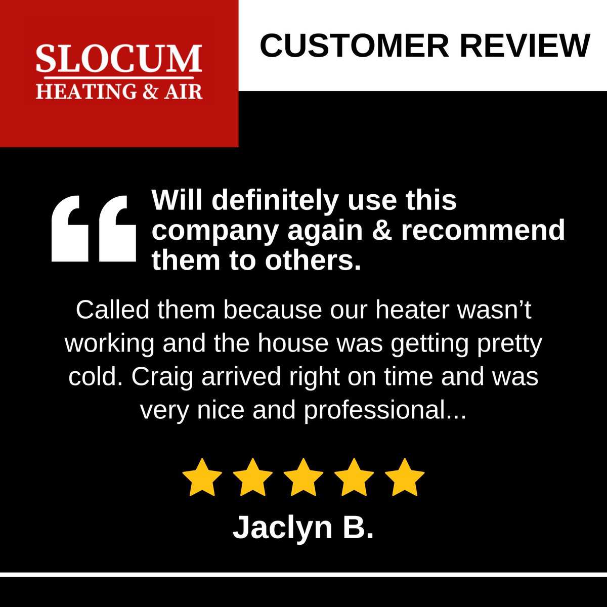 AirSlocum's tweet photo. “Called them because our heater wasn’t working and the house was getting pretty cold. Craig arrived right on time and was very nice and professional. He was able to determine the problem and fixed it for us quickly. Will definitely use this company again and r... https://t.co/T24gLUBJQm