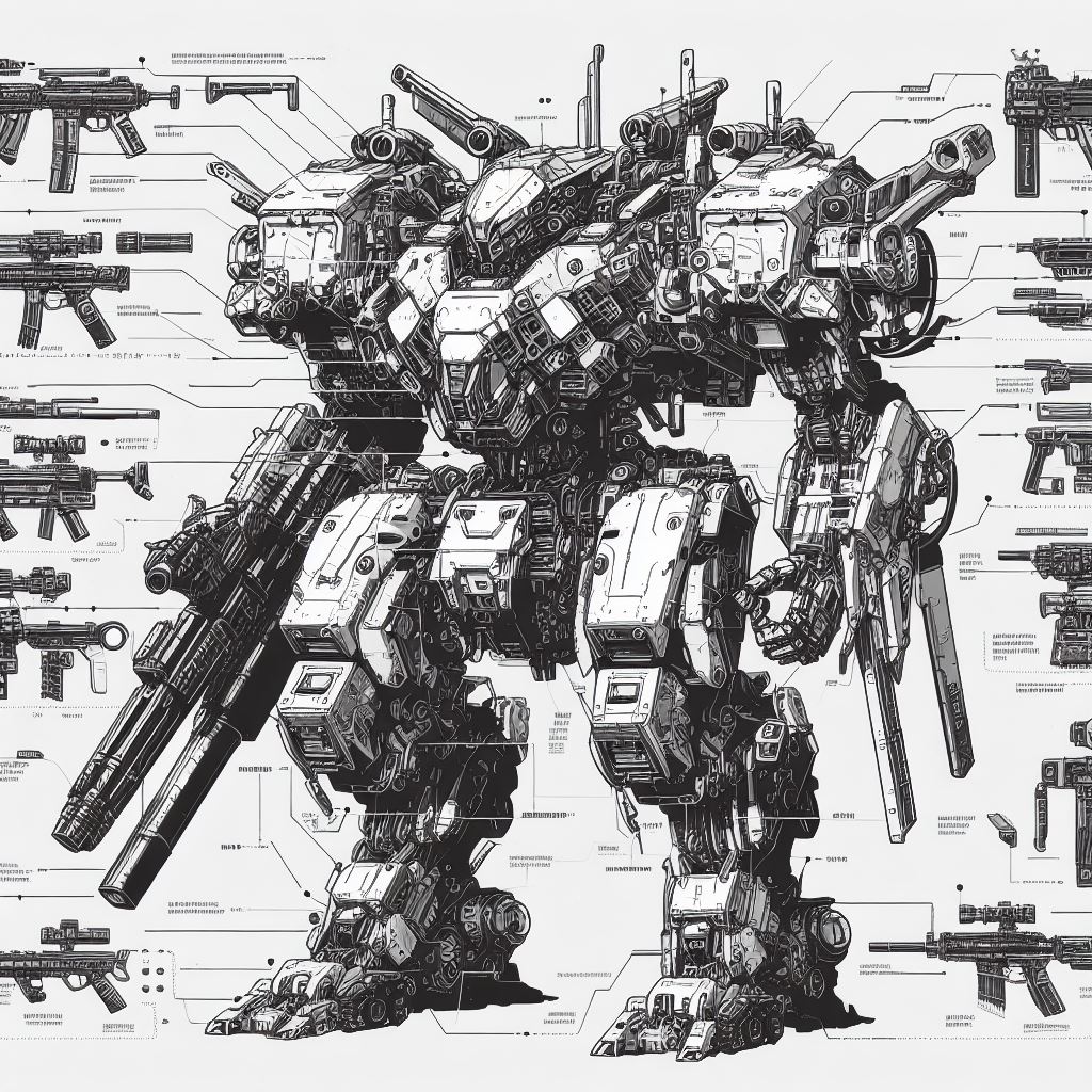 Hathibel's tweet photo. @chaseleantj Wow, these are absolutely stunning. The level of detail DALL·E 3 adds leaves me in complete awe.

Prompt: Black and white technical drawing showcasing an advanced mecha robot with lots of weapons and defences. Annotations detail its powers and capabilities. https://t.co/pvFfGibu93