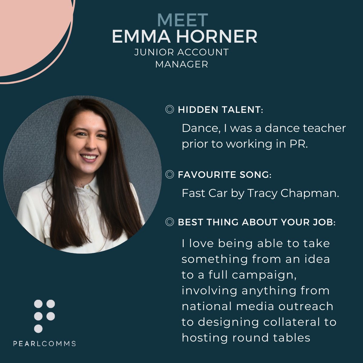 PearlCommspr's tweet photo. Meet Emma, our Junior Account Manager.
 
Armed with a knack for securing the best opportunities for her clients, Emma loves to get our clients in the news and in front of the camera too. 
 
Here are some quick facts about our Pearl, Emma.
 
#BirminghamPR
#PRagency
#Agencylife https://t.co/cJjjEdw5DE