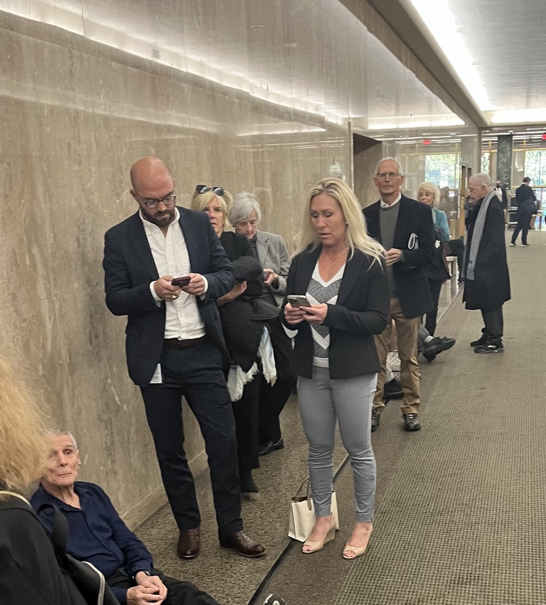 julie_kelly2's tweet photo. At courthouse and ⁦@RepMTG⁩ is here to observe gag order hearing. Court personnel told her to stand in public line, no privilege for members of Congress. (I’m sure this would apply to say Nancy Pelosi) https://t.co/uCZgoDTFVv