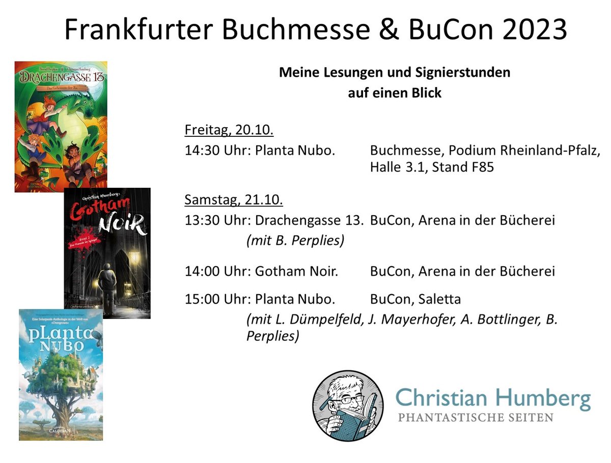 Endlich wieder Buchmesse! Hier findet ihr alle meine öffentlichen Termine (natürlich auch für den Buchmesse Convent) auf einen Blick. Ich hoffe, wir sehen uns. #buchmesse #fbm #bucon2023