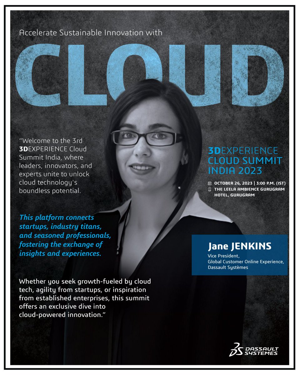 3DSIndia's tweet photo. Jane Jenkins, Vice President, Global Customer Online Experience, cordially invites you to the 3rd edition of the 3DEXPERIENCE CLOUD SUMMIT INDIA 2023. 

Secure your spot today: https://t.co/Lj3FMc64VL

#CloudSummit2023 #Sustainability https://t.co/ToUTQuytX1