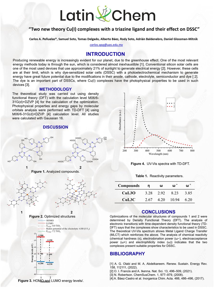 Hi <a href="/LatinXChem/">LatinXChem</a>, presenting my work ‘Two new theory Cu(I) complexes with a triazine ligand and their effect on DSSC’ at #LatinXChem23, #LatinXChemInorg, #Inorg013, #DSSC, #complex, #DFT, #inorganic, #anchoringroup, #triazine