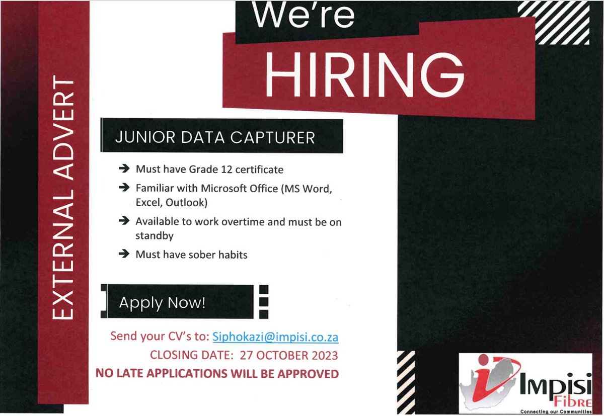 🚨🚨JOB ALERT 🚨🚨

We are looking for Junior Data Capturer to join our team. Please submit those CV's to Siphokazi@impisi.co.za 

Closing date: 27 October 2023

#JobSeekersSA @SAYouthEmp @JobseekerSa #JobAlert #jobopportunity #JoburgServices #unemployment