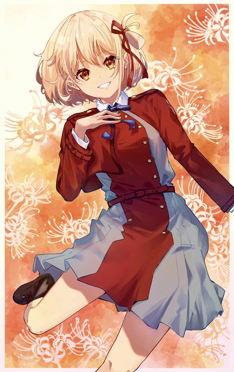 nishikigi chisato 1girl lycoris uniform blonde hair solo two-tone dress ribbon dress  illustration images