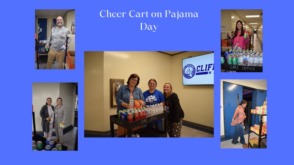 Ms. Peeler and her helpers treated teachers to a cheer cart visit after Spirit Week. Check out their cute Pajama Day attire!