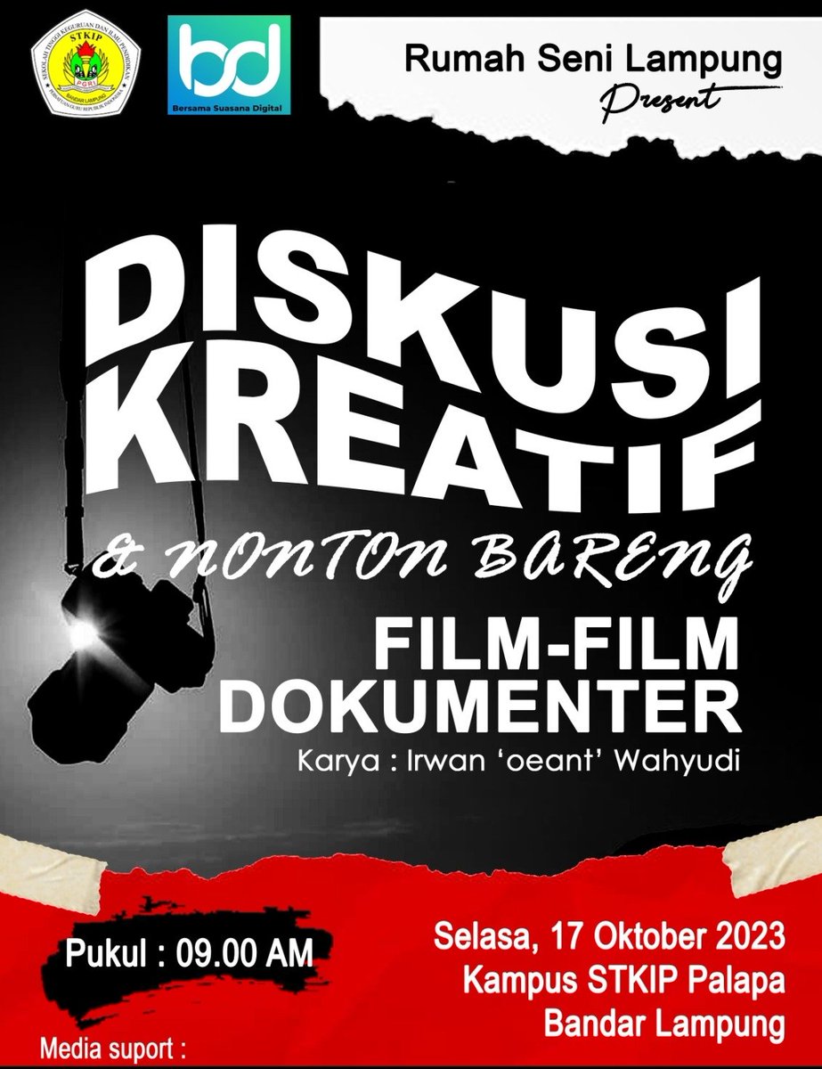 SeniLampung's tweet photo. Agenda Rumah Seni Lampung September 2023 :

"DISKUSI KREATIF &amp; NONTON BARENG FILM DOKUMENTER KARYA : IRWAN OEANT WAHYUDI"

Selasa, 17 Sept 2023
Jam 09.00 Wib.

STKIP PGRI Bandar Lampung https://t.co/mgAFYZTZbp