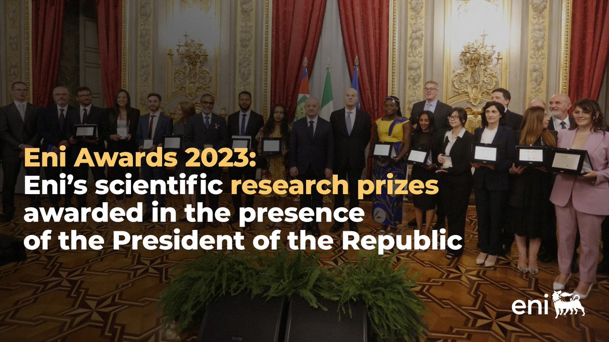 Celebrating the winning researchers and scientists of the 2023 #EniAward with the President of the Republic Sergio Mattarella, Eni’s Chairman of the Board of Directors Giuseppe Zafarana and Eni’s CEO Claudio Descalzi bit.ly/eniaward23 Congratulations to all the honourees!