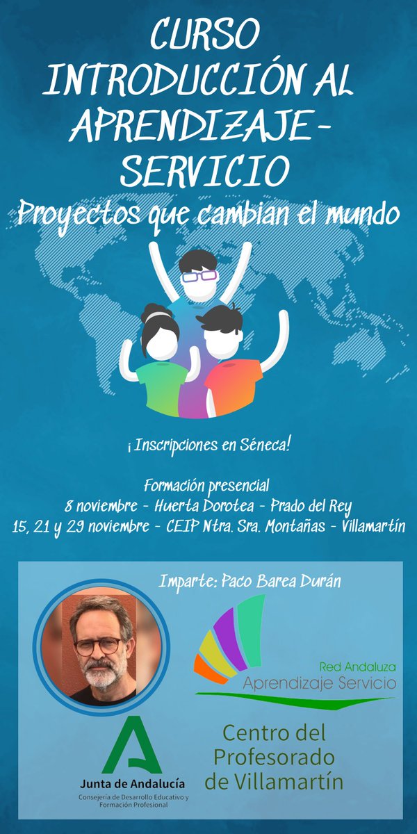 ✅ Formación presencial en Cortijo Huerta Dorotea y CEIP Ntra. Sra. Montañas: "*INTRODUCCIÓN AL APRENDIZAJE-SERVICIO: PROYECTOS QUE CAMBIAN EL MUNDO*"
🔊El plazo de inscripción termina el 1 de noviembre de 2023 a las 23:59 horas.